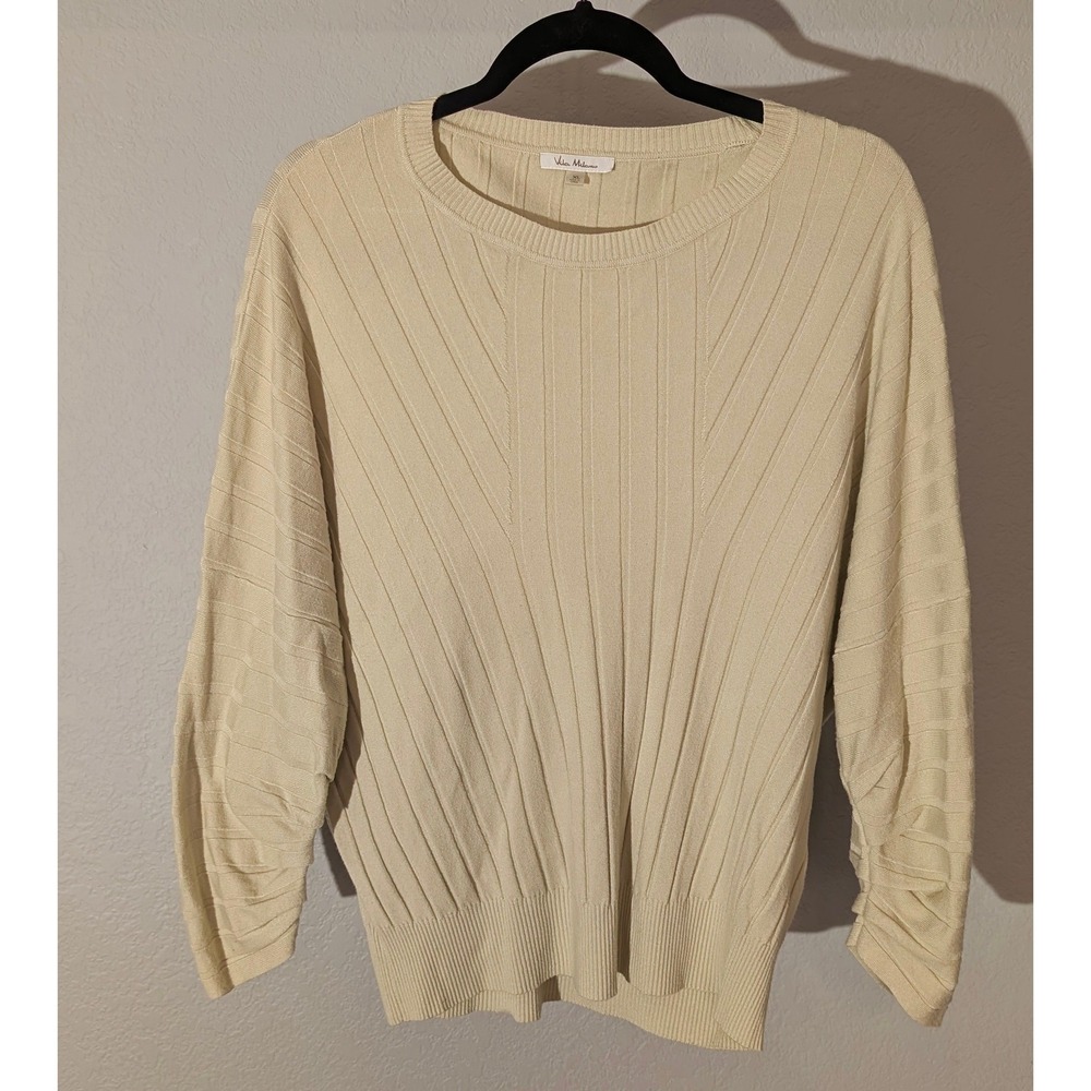 Vila Milano Womens XL Cream Ribbed Chevron Knit Ruched Sleeve Crew Neck Sweater